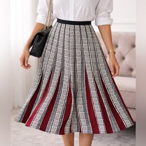 Zara Black, White & Burgundy Pleated A-Line Midi Skirt